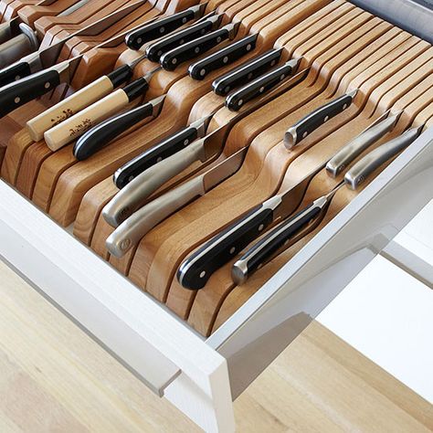 I would like the knife drawer to be the second to the right from the range (top drawer).   Next to spice drawer. Kitchen Utensil Storage, Utensil Storage, Kitchen Drawer Organization, Kitchen Hacks Organization, Smart Kitchen, Drawer Organizers, Kitchen Drawers, Apartment Kitchen, Trendy Kitchen