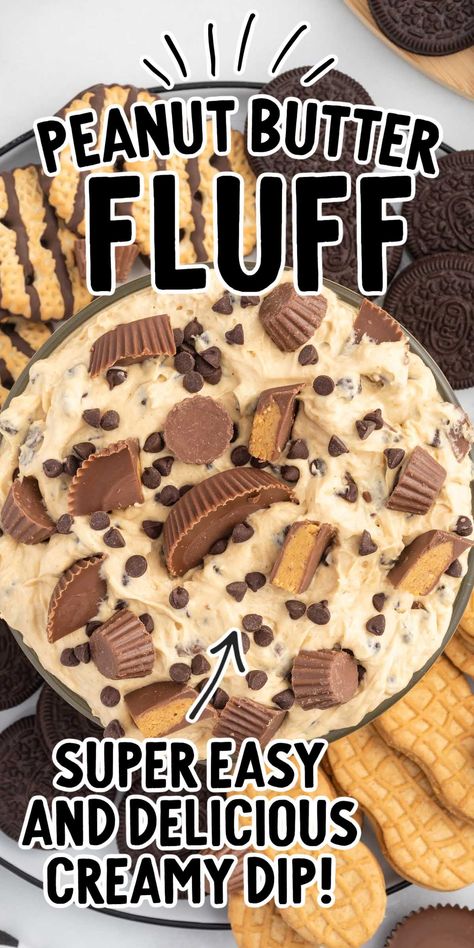 Peanut butter fluff is a creamy dip loaded with plenty of creamy texture and mini peanut butter cups. Reeses Fluff, Reese’s Peanut Butter Dip Recipe, Reese’s Peanut Butter Dip, Fluff Dips, Peanut Butter Cookie Dough Dip, Peanut Butter Fluff, Reese's Recipes, Cookie Dip, Mini Peanut Butter Cups