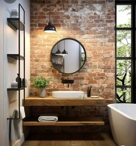 Brick Bathroom Ideas, Exposed Brick Bathroom, Brick Bathroom, Industrial Bathroom Design, Brick Interior, Industrial Home Design, Industrial Bathroom, Industrial Interior Design, Rustic Bathroom Decor