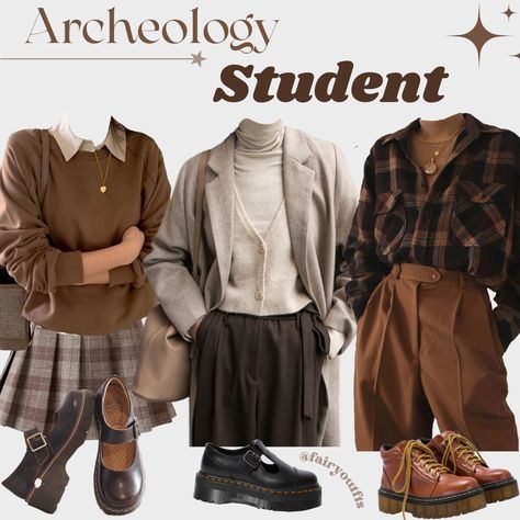 Relaxed Dark Academia Outfits, Anthropology Outfit Ideas, Botany Scholar Clothing, Feminine Academia Outfits, Earthy Academia Outfits, Anthropology Student Aesthetic, History Student Aesthetic Outfit, Archeology Aesthetic Outfit, Dark Academia Majors