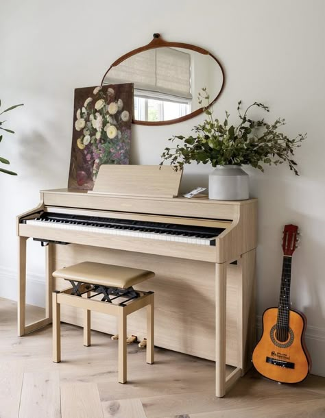 Piano Reading Room, Small Piano Room, Piano Storage, Mcgee Home Kitchen, Piano Styling, Piano Room Decor, Piano Living Rooms, The Mcgee Home, Piano Desk