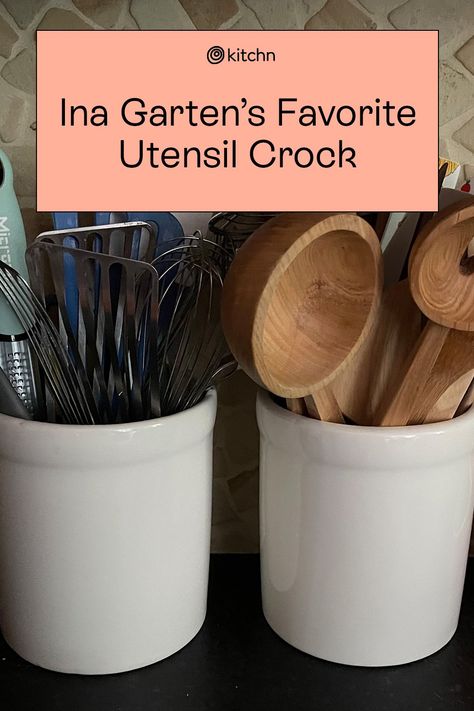 How does Ina Garten organize her kitchen tools? These utensil crocks where stores her wooden and stainless steel utensils in separate ones. Of course, her kitchen organization tip inspired us to try this tool out — here's how it went! Organize My Kitchen, Hampton Kitchen, Kitchen Utensil Crock, Large Crock, Steel Utensils, Kitchen Utensil Organization, Stainless Steel Utensils, Silicon Utensils, Utensil Crock