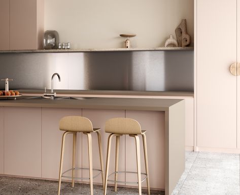 Laminex Porcelain Blush Natural Colour Collection | Laminex Australia Blush Kitchen, Pastel Colors Living Room, Stainless Steel Splashback, Kitchy Kitchen, Brown Laminate, Light Wood Kitchens, Pale Wood, Sleek Kitchen, Wall Units