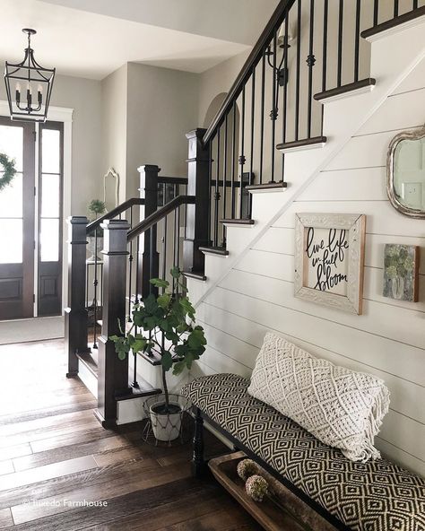 Sandra | Tuxedo Farmhouse’s Instagram photo: “I’m a detail person and my guy is a big picture person. That balanced nicely when building our home. Choosing where in our budget to add…” Shiplap Staircase Wall, Shiplap Staircase, Stairway Wall Decor, Shiplap Entryway, Farmhouse Stairs, Floor Seating Living Room, Entryway Stairs, Ideas Entryway, Stairs Renovation