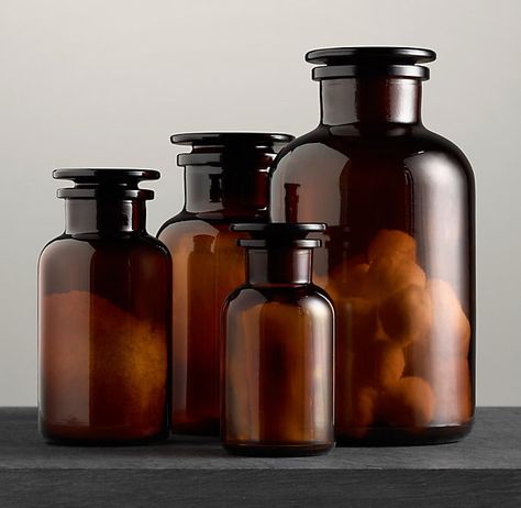 RH apothecary Jane Marple, Counter Top Accessories, Glass Apothecary Jars, Loft Interior, Suite Bathroom, Amber Glass Jars, Amber Bottles, Apothecary Bottles, Amber Glass Bottles