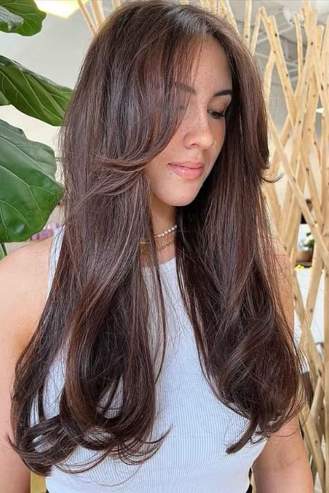 Curtain Bangs With Long Hair: 25 Dazzling Ideas To Get Inspired! Curtain Bangs With Long Hair, Braid Hairstyles For Long Hair, Bangs With Long Hair, Dark Chestnut Hair, Bangs Inspo, Long Curtain Bangs, Chain Braid, Hair Inspiration Long, Tousled Hair