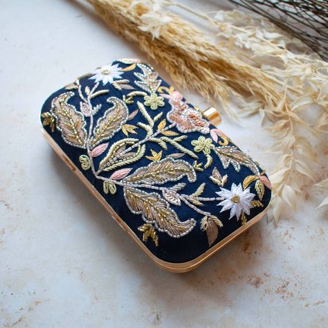 Meena Navy Blue Silk Clutch By Atiya Choudhury | notonthehighstreet.com Navy Blue Clutch, Embroidered Clutch Bag, Silk Clutch, Handmade Wedding Gifts, Bridal Handbags, Clutch Bag Wedding, Embroidered Clutch, Potli Bags, Designer Clutch