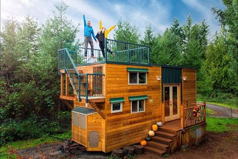 Tiny House Rooftop Deck, Tiny House With Rooftop Deck, Tiny House On Foundation, Green Tiny House, Female Carpenter, Tiny House Exterior, Fiberglass Shower, Tiny House Trailer, Living Room Area