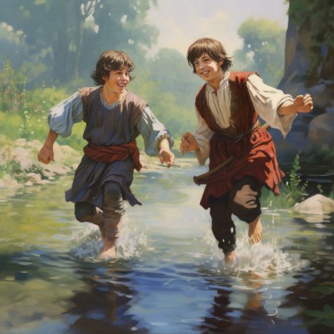 DnD style, two medieval peasant boys playing in a river, male, age 10, happy and playful Medieval People Art, Peasant Boy Aesthetic, Medieval Peasant Art, Medieval Peasant Boy, Dnd Peasant, Fantasy Peasant, Medieval Camp, Peasant Boy