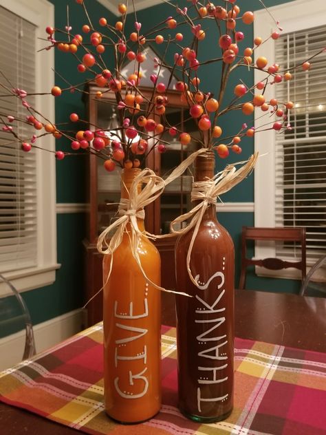 Thanksgiving Wine Bottle Crafts Diy, Thanksgiving Bottle Crafts, Wine Bottle Crafts For Fall, Fall Wine Bottle Decor, Fall Bottle Decor, Wine Bottle Fall Crafts, Thanksgiving Wine Bottle Crafts, Fall Bottle Crafts, Fall Wine Bottle Crafts Diy