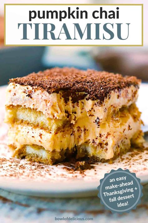 Pumpkin Pie Chai Tiramisu, Dirty Chai Tiramisu, Chai Tea Tiramisu, Pumpkin Chai Tiramisu Recipe, Chai Tiramisu Recipe, Chai Creme Brulee, Pumpkin Tirimasu, Pumpkin Chai Dessert, Dirty Chai Pumpkin Pie