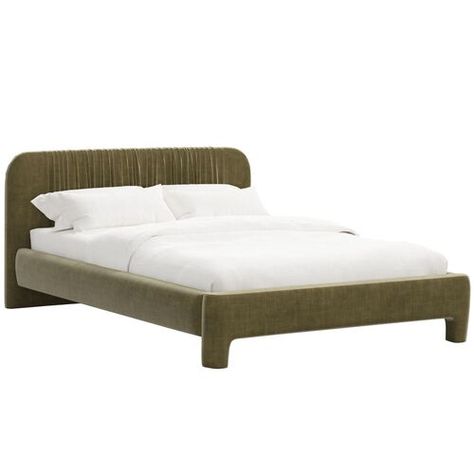 Elevate your bedroom with timeless glamour courtesy of the Juniper platform bed, fully upholstered in a luxurious velvet fabric. Its gently rounded lines and open base create a cozy yet airy ambiance. Its silhouette exudes sophistication, while generous headboard padding provides enduring comfort and support for reading or watching TV. With a convenient slat system included, this bed eliminates the need for a box spring, offering both style and practicality for your space, made in the USA. Low Headboard Bed, Bed Elevation, Green Velvet Bed, Headboard Padding, Platform King Bed, Low Headboard, Cushioned Headboard, Velvet Bed Frame, Timeless Glamour