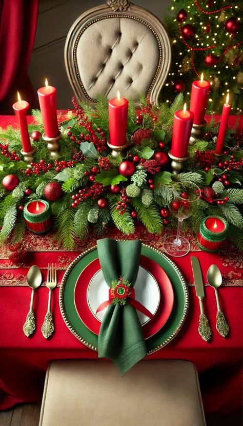 🎄 21 Stunning Christmas Table Decoration Ideas You Must Try This Holiday Season 🎅✨ Yule Dinner, Themed Tablescapes, Christmas Table Ideas, Red Tablecloth, Xmas Table, Thanksgiving Pictures, Green Napkins, Christmas Table Setting, Christmas Dining Table