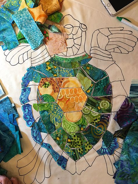 dimarzosarah3 Scrappy Quilts Ideas, Turtle Collage, Collage Animals, Susan Carlson, Grand Hotel Mackinac Island, Laura Heine, Collage Quilts, Turtle Quilt, Landscape Art Quilts