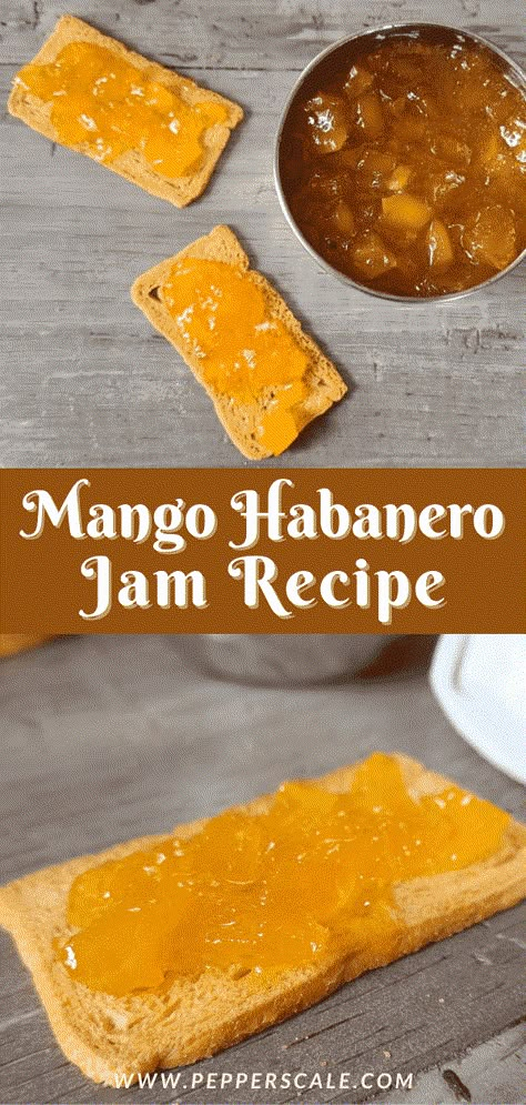 Mango Habanero Pepper Jelly, Habanero Mango Jelly, Things To Make With Habanero Peppers, Spicy Jam Recipes, Mango Habanero Jam Recipe, Mango Habanero Recipes, Mango Jalapeno Jam, Mango Habanero Jam, Habanero Jelly Recipe