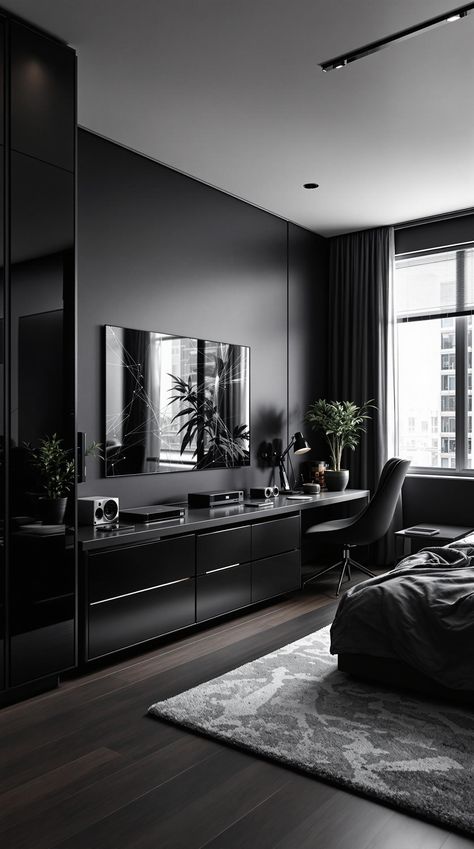 Black Bedroom Ideas Gray And Black Bedroom Ideas, Black Themed Bedroom, Bedroom Closet And Bathroom, Black And Grey Bedroom Ideas, Tech Bedroom, Grey Room Ideas Bedroom, Grey And White Room, Modern Black Bedroom, Black And Grey Bedroom