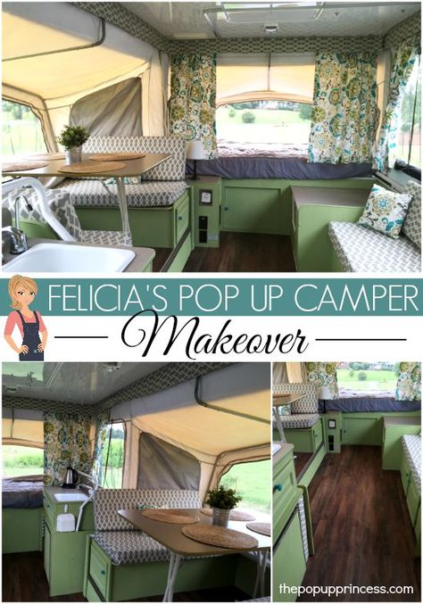 Felicia's Pop Up Camper Makeover - This family completely transformed their 90's era pop up trailer, and the results are stunning! Tent Trailer Remodel, Pop Up Princess, Popup Camper Remodel, Pop Up Tent Trailer, Van Kitchen, Pop Up Trailer, Diy Camper Trailer, Camping Camper, Van Life Diy