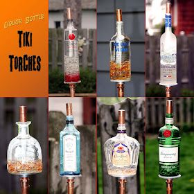 Tiki Torches Backyard, Bottle Tiki Torch Diy, Tiki Torch Stand, Wine Bottle Tiki Torch Diy, Diy Tiki Torch, Tiki Torches Diy, Patron Bottle Crafts, Torches Diy, Tiki Bars Diy