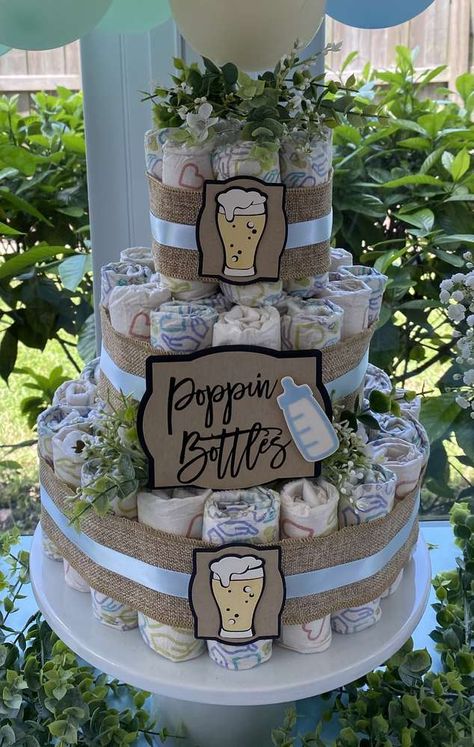 Beer Themed Gender Reveal, Baby Boy Is Brewing Shower Ideas, Bottles And Brews Party, Baby Boy Diaper Shower Ideas, Dadchelor Party Ideas, Diapers And Beer Party Ideas, Male Baby Shower Ideas, Pizza And Beer Baby Shower Ideas, Diaper Keg Party Decor