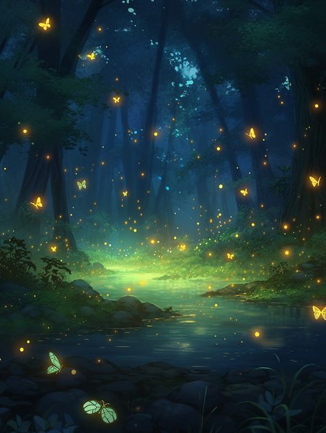 Magical Lake Art, Fantasy Forest At Night, Night Forest Drawing, Forest Night Background, Anime Forest Background, Forest Background Drawing, Anime Forest, Fantasy Backgrounds, Magic Background