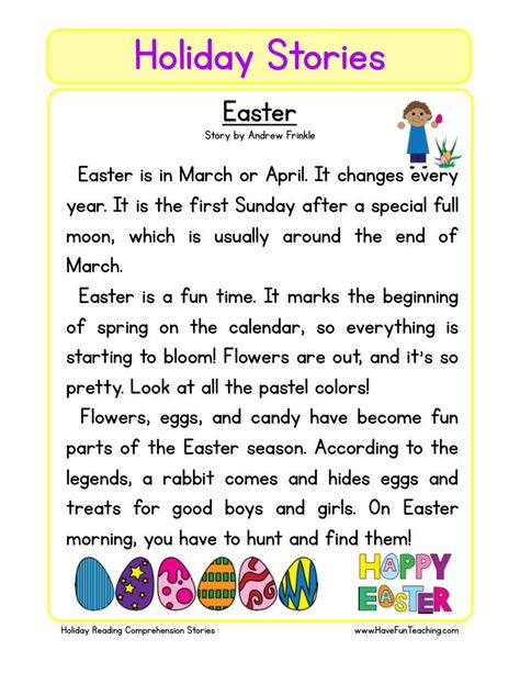 This Reading Comprehension Worksheet - Easter is for teaching reading comprehension. Use this reading comprehension story to teach reading comprehension. Easter Reading Comprehension, Holiday Reading Comprehension, Free Reading Comprehension Worksheets, Easter Worksheets, Teaching Reading Comprehension, Holiday Stories, Have Fun Teaching, Third Grade Reading, Easter Story