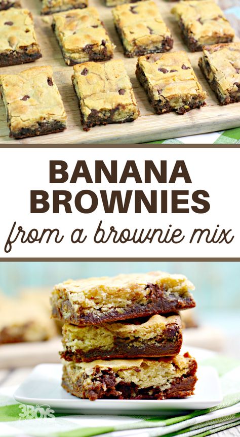 This Chunky Monkey Brownies Recipe is going to knock off your socks. Made with a boxed brownie mix and loaded with banana flavor! #browniemix #chunkymonkey #bananabrownies #3boysandadog Chunky Monkey Brownies, Boxed Brownie Recipes, Banana Cake Mix, Milk Chocolate Brownies, Cake Mix Brownies, Banana Bread Brownies, Homemade Brownies Easy, Banana Brownies, Banana Cookies