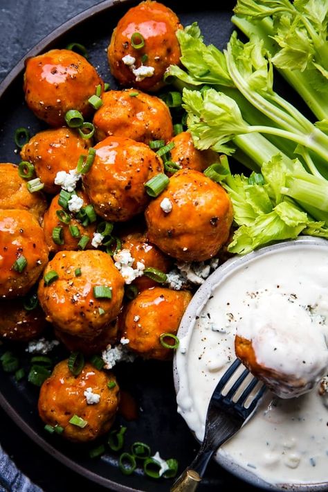 Buffalo Meatballs, Chicken Meatball, Buffalo Chicken Meatballs, The Modern Proper, Chicken Meatball Recipes, Modern Proper, Moist Chicken, Best Meatballs, Buffalo Chicken Wings