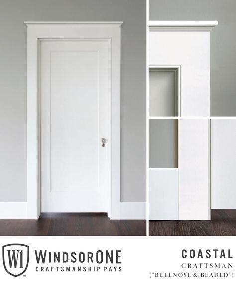 Coastal Craftsman, Bullnose & Beaded - WindsorONE Window And Door Casing Ideas, Craftsman Shoe Molding, Simple Craftsman Trim, Shaker Style Molding And Trim, 5 Panel Interior Door Farmhouse, Modern Craftsman Window Trim, Shaker Molding And Trim, Mdf Door Trim, Types Of Door Trim