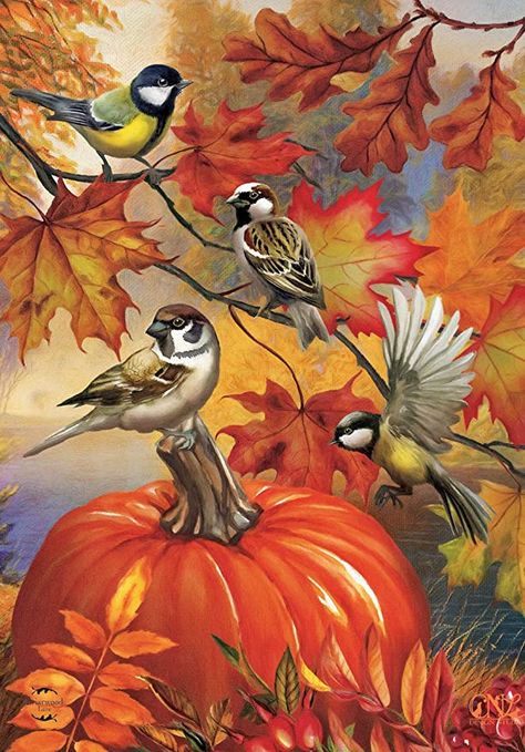 Autumn Birds, Happy Thanksgiving Pictures, Fall Pics, Fall Garden Flag, Fall Images, Diamond Drawing, Garden Flag Stand, Chickadees, Fall Garden