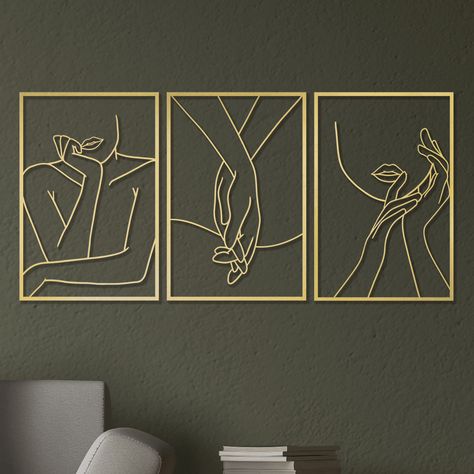 PRICES MAY VARY. RUSTIC CHARM TO ANY ROOM - Vivegate minimalist decor female body single lines wall art sign for home wall decoration comes pre-finished in Gold. Perfect for any home, bedroom, office decor, dorm, classroom, or gym metal wall décor DURABLE MATERIAL - This gold abstract wall art bedroom decor set of 3 decor is made of durable metal iron with rustic tones,not easy to bend or rust, you can keep the wall decor for bedroom for a long period of time and measures 18" long and 12" wide E Gold Decorations For Bedroom, Modern Gold Home Decor, Metal Bedroom Decor, Dining Area Wall Decor Ideas, Gold Room Decor Bedroom, Amazon Wall Decor, Women Room Decor, Wall Hangings For Living Room, Line Art Decor