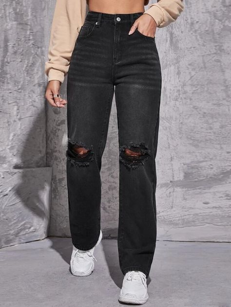 High Waist Straight Leg Ripped Jeans | SHEIN USA Black Ripped Jeans Outfit, Cute Ripped Jeans, Ripped Jeans Women, Ripped Jeans Outfit, Mom Jeans Outfit, Black Mom Jeans, Ripped Mom Jeans, Distressed Mom Jeans, Streetwear Jeans