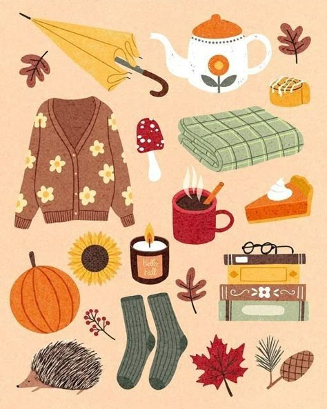 Cute Fall Illustration Art, Fall Objects, Autumn Illustration Art, Fall Illustration Art, Autumn Drawing Ideas, November Illustration, October Illustration, Fall Illustrations, Cozy Illustration