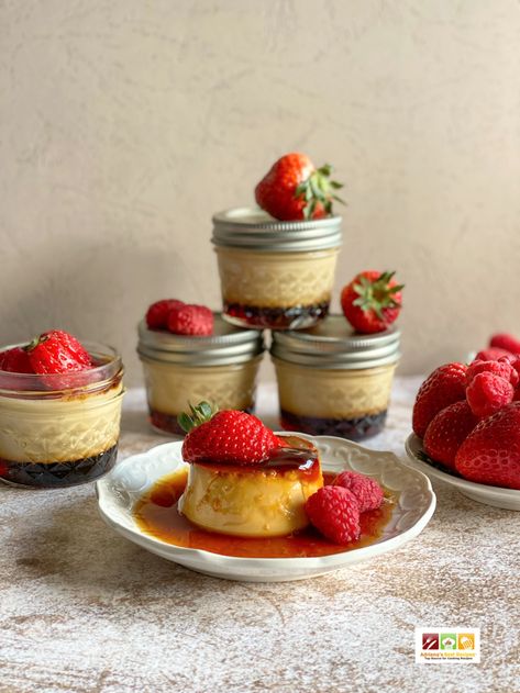 a flan served on a white plate with berries Flan Topping Ideas, Raspberry Flan, Mexican Flan Recipe, Flan Cakes, Canna Recipes, Mini Flan, Mexican Churros, Cottage Baking, Mexican Flan