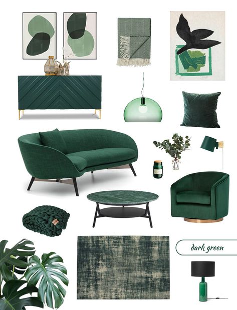 SHOP IT | Dark Green Furniture and Decor for a Biophilic twist Living Room Green And Black, Smaragd Green Interior, Green Furniture Aesthetic, Biophilic Design Living Room, Dark Green Mood Board, Dark Green Room Decor, Green Furniture Bedroom, Home Decor Ideas Green, Biophilic Design Bedroom