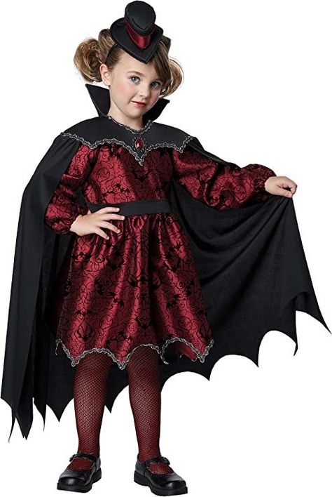 Pullover dress has velour details and hook and loop fastener at the neck Foam collar cape w/ fabric draping Foam hat has a plastic headband #mamaladner #amazonaffiliate #halloweencostume Best Toddler Costumes, Vampire Costume Kids, Girls Vampire Costume, Toddler Costumes Girl, Halloween 23, Toddler Girl Halloween, Vampire Costumes, Victorian Fashion Dresses, Halloween Costumes Diy