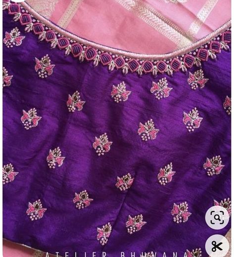 Simple Thread Work Blouse Designs For Silk Saree, Buti Work Blouses, Simple Buti Work Blouse Designs, Pink Blouse Computer Work Designs, Computer Work On Blouses, Simple Butta Blouse Design, Simple Maggam Thread Work Blouses, Buttis Blouse Design, Small Buttis Maggam Work