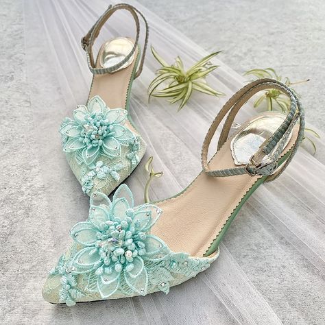 Mint High Heels, Mint Green Heels, Mint Heels, Mint Shoes, Mint Flower, Shoe Heels, Flower Heels, Fairy Shoes, Embroidery Wedding