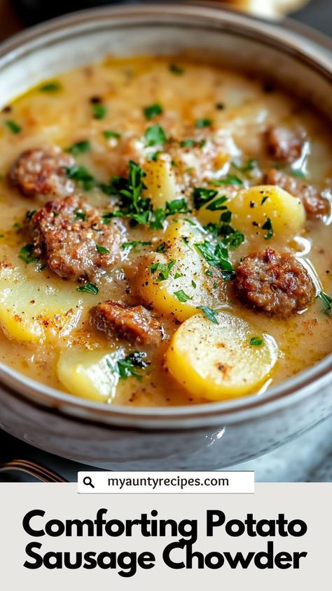 This rich and creamy potato sausage chowder is the ultimate fall comfort food. With chunks of hearty potatoes, flavorful sausage, and a thick, velvety broth, it’s perfect for cozy dinners during the colder months. Easy to make and full of flavor, this chowder is sure to become a family favorite. Potato Sausage Chowder, Potato And Sausage Soup, Sausage Chowder, Potato And Sausage, Potato Sausage, Sausage Crockpot, Potato Chowder, Confort Food, Stew Chicken Recipe