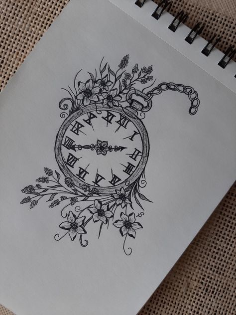 Roman Numeral Clock Drawing, Vintage Clock Drawing, Clock Sketch, Pocket Watch Drawing, Vintage Clock Tattoos, Clock Drawings, Vine Drawing, Watch Drawing, Pencil Sketch Images