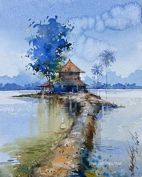 Prakashan Puthur Watercolor Scenery Painting, Watercolor Indian, Drawing Scenery, Watercolor Scenery, Watercolor Art Landscape, Watercolor Paintings Nature, Painting Creative, Watercolor Paintings For Beginners, Scenery Paintings