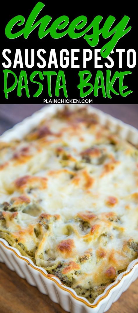 Cheesy Sausage Pesto Pasta Bake - only 6 ingredients! Sausage, spaghetti, pesto, ricotta, mozzarella and parmesan - SO good! Great make ahead pasta casserole recipe - can freeze too! There are never any leftovers. Such a quick and easy casserole recipe!! #pasta #casserole Pasta Pesto Recipes, Sausage Pesto Pasta, Spaghetti Pesto, Pesto Ricotta, Casserole Meals, Pesto Pasta Bake, Sausage Pasta Bake, Easy Casseroles, Pesto Spaghetti