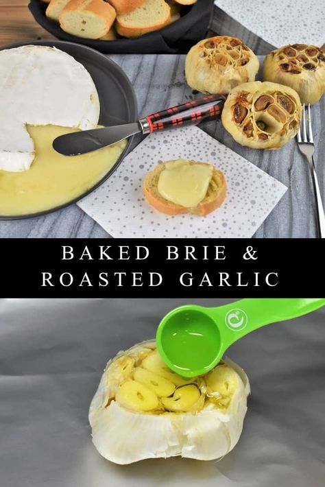 This baked brie and roasted garlic makes a simple, delicious appetizer. In this recipe, garlic is roasted with olive oil until golden, and so soft it spreads like butter. Then the garlic is spread onto lightly toasted baguette slices and topped with a generous amount of melted brie cheese. It’s a lovely appetizer for a holiday or cocktail party. #brieandroastedgarlic #bakedbrie #roastedgarlic #easyappetizers #cocktailparty Crab Meat Appetizers, Toasted Baguette Slices, Melted Brie, Baked Olives, Appetizers Easy Dips, Baguette Slices, Weekend Recipes, Winter Dinners, Toasted Baguette