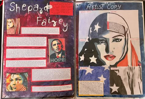 gcse art- artists research (shepard fairey) i achieved a grade 8! please feel free to leave any questions down below! Shepard Fairey Artist Research, Street Art Gcse Sketchbook, Shepard Fairey Art, Artist Research Page, Sketchbook Layout, Protest Art, Art Alevel, Shepard Fairey, A Level Art Sketchbook