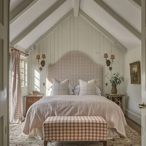 Hamble Hearth on Instagram: "Imperfectly perfect is endgame 👌

•
•
•

#homeinspo #englishcountrycottage #cottageinterior #countryinteriors #interiordesign #interiorconcept #aiconcept #aiinteriordesign #ai #madebyai" Loft Room Ideas, Sloped Ceiling Bedroom, Chic Home Design, West Home, Imperfectly Perfect, Beautiful Bed, Cottage Interior, Loft Room, Contemporary Cottage