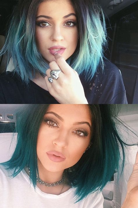 Kylie Jenner Different Hair Colors, Kylie Jenner Blue, Teal Hair Kylie Jenner, Kylie Jenner Green Hair, Kylie Jenner Blue Aesthetic, King Kylie Green Hair, Kylie Jenner Short Hair, Kylie Hair, Tumblr Girly Aesthetic 2013