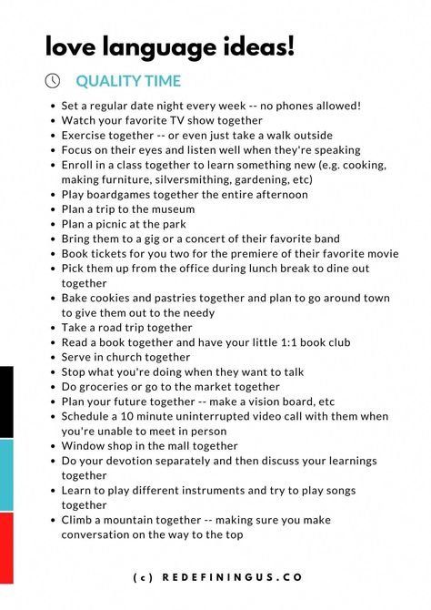 Get some tips and advice on how to show and express your love using the five love languages. There's even a FREE worksheet & suggestions for each love language! Quality Time In Relationships, How To Love Your Boyfriend Better, Couples Quality Time Ideas, Quality Time Dates, Couple Quality Time Ideas, Quality Time Activities For Couples, Quality Time Ideas Relationships, Quality Time Love Language Ideas, How To Show Love To Boyfriend