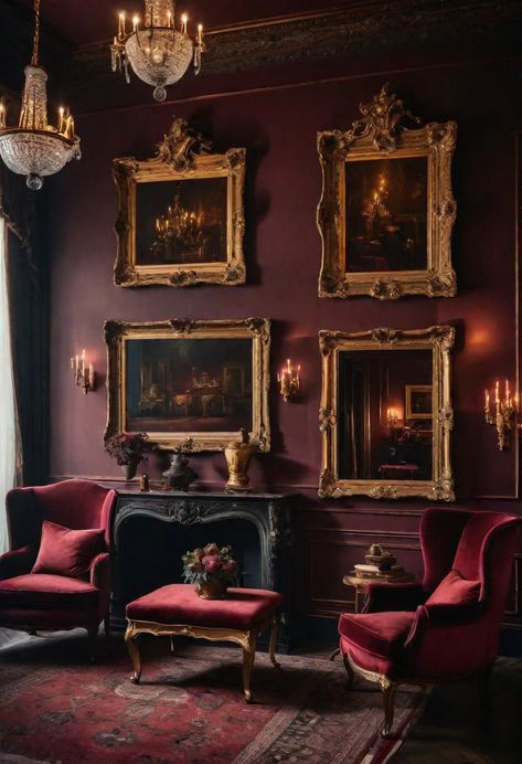 Dark Maxamilist Interior, Dark Modern Office Design, Victorian Aesthetic Living Rooms, Mulberry Living Room, Dark Red Walls Living Room, Maroon Walls Living Room, Moody European Interiors, Lighting Dark Room, Moody Room Colors