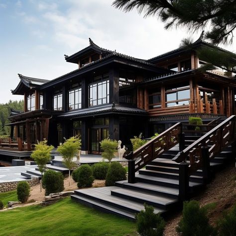 Chinese Style House Design, Japanese Home Architecture, Chinese Courtyard House, Wooden Mansion, Japanese Home Exterior, Chinese Modern House, Chinese Villa, Asian House Design, Chinese Mansion