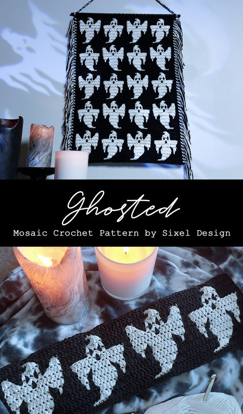 Create ghastly ghosts with this mosaic crochet pattern perfect for Halloween and spooky season. Includes 4 individual ghost charts plus a large chart that combines all 4. Pattern includes instructions for a glow-in-the-dark wall hanging, and cute little ghost drink coasters, or use the charts to create anything from blankets to pillows, bags, home decor and more.  #mosaiccrochet #crochetghosts #ghosts #ghostcrochet #crochetpattern #halloweencrochet #spookyseason #sixeldesign Halloween Pillow Crochet, Halloween Crochet Blankets, Ghost Crochet Blanket, Crochet Halloween Wall Hanging, Ghost Tapestry Crochet, Crochet Ghost Blanket, Crochet Glow In The Dark, Halloween Mosaic Crochet, Spooky Knitting