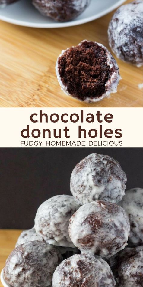 Chocolate donut holes with vanilla glaze Mini Chocolate Donut Recipe, Tim Hortons Donut Recipe, Chocolate Cake Donuts Fried, Chocolate Cake Doughnut Recipe, Instant Pot Donut Holes, Recipes For Pampered Chef Donut Hole Pan, Fried Chocolate Donut Recipe, Cake Flour Donut Recipe, Homemade Munchkins Donut Holes